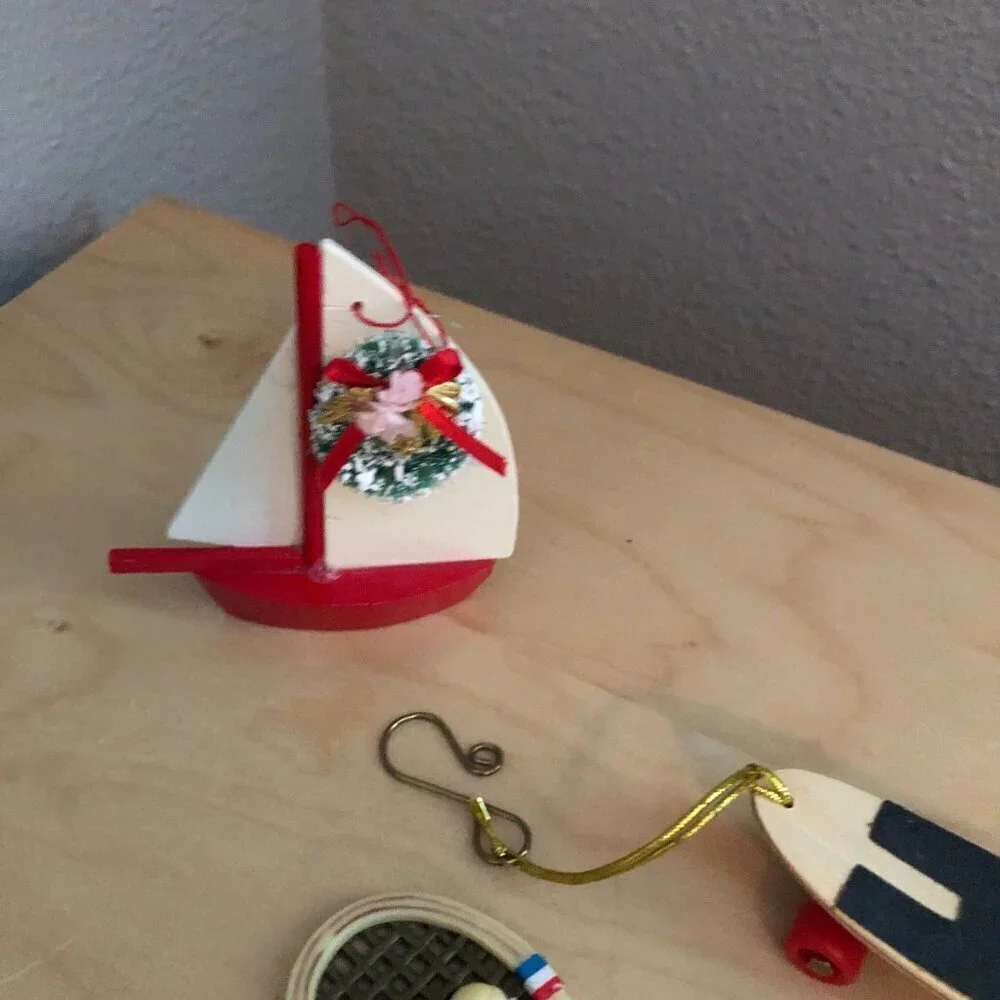 Vintage Christmas Ornament LOT of 7 Painted Wood Unique Pieces Athletic Theme